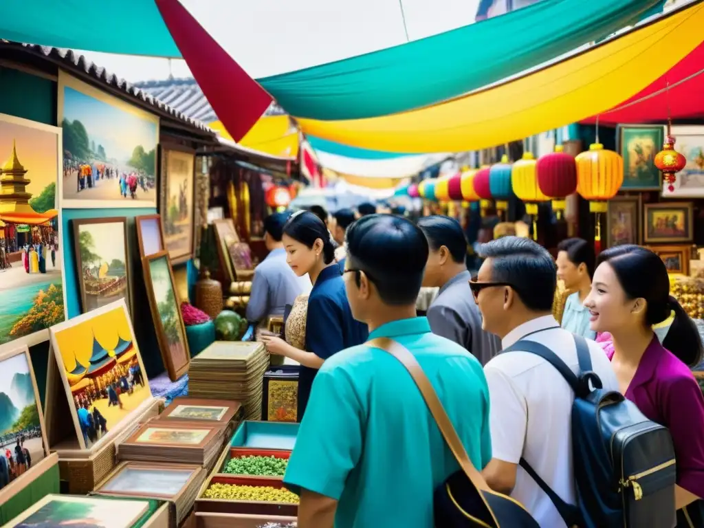 Un vibrante mercado de arte asiático, repleto de colores y vida, invitando a invertir en arte asiático