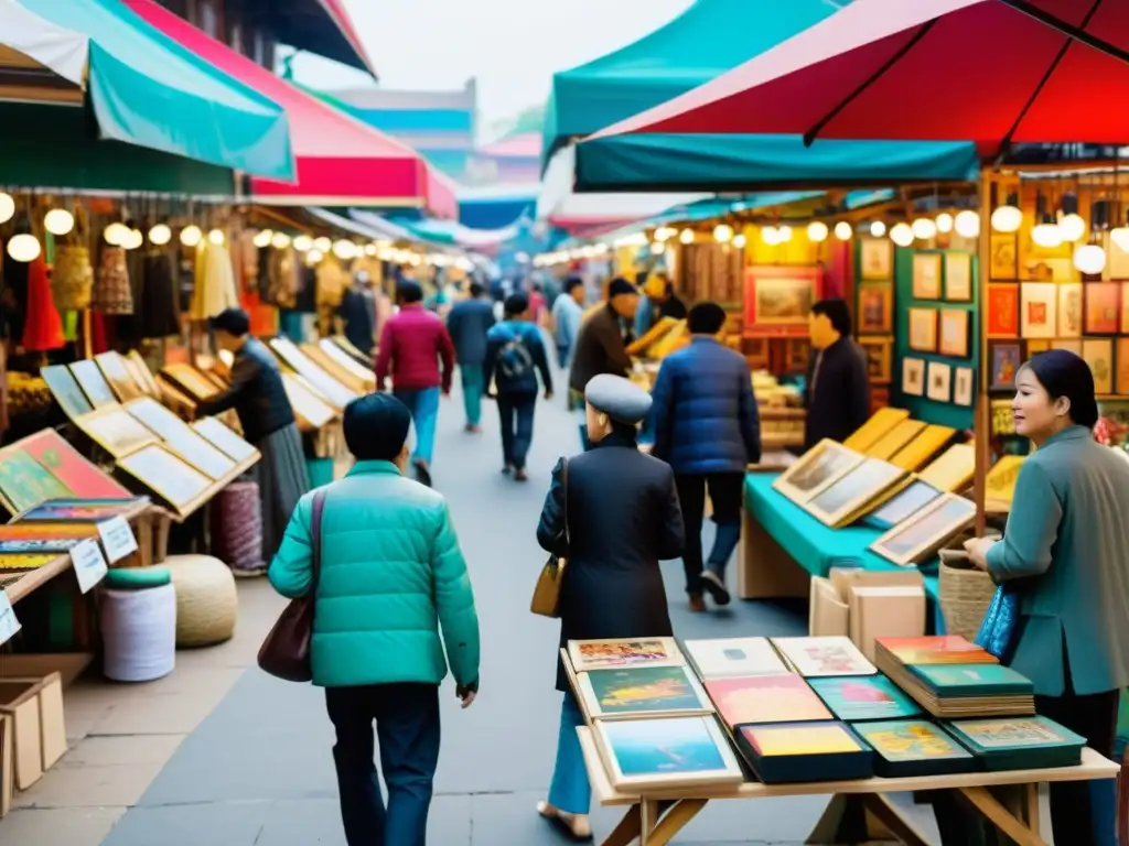 Vibrante mercado de arte asiático con obras tradicionales y contemporáneas, invitando a invertir en arte asiático