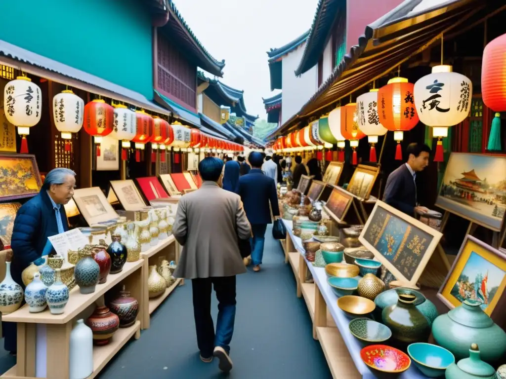 Vibrante mercado de arte asiático con coloridas obras tradicionales y contemporáneas