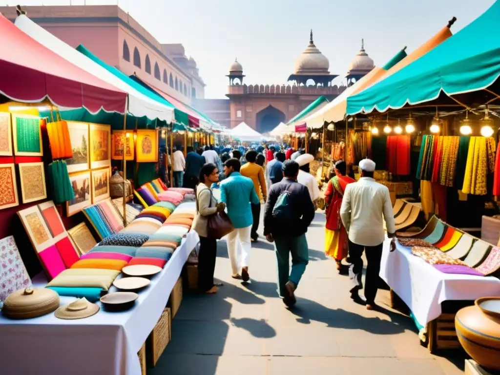 Vibrante mercado de arte indio, mezclando tradición y modernidad con pinturas, esculturas y artesanías coloridas en puestos al aire libre