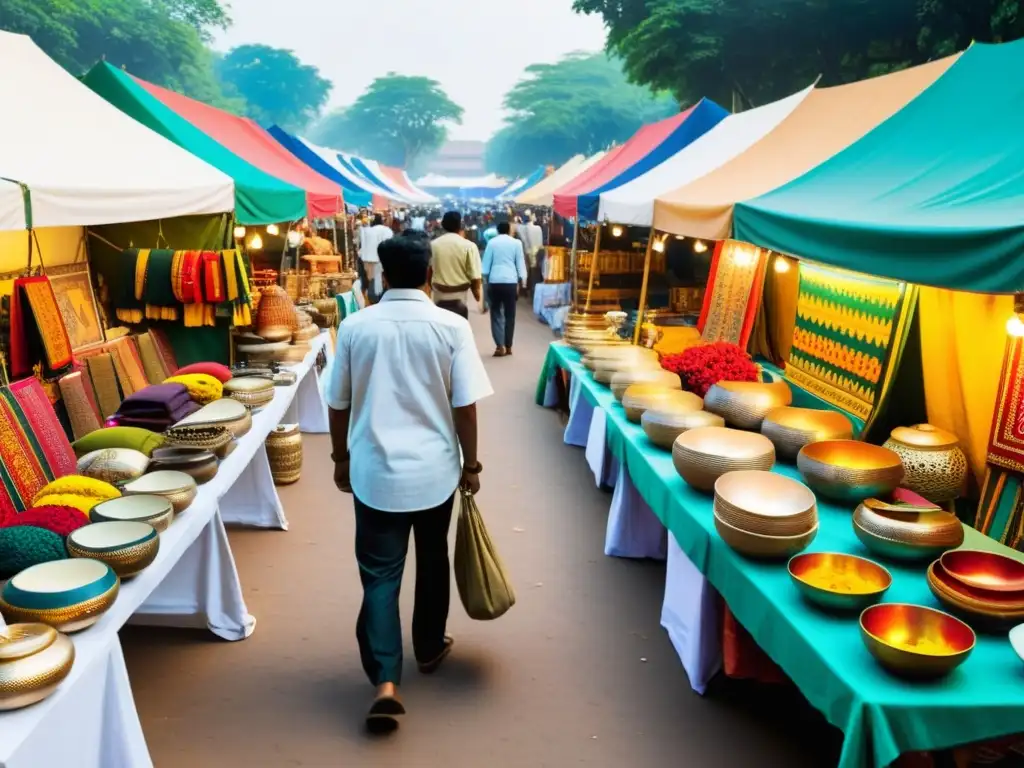 Vibrante mercado de arte indio, tradición y modernidad en una escena dinámica llena de colores y artesanías locales