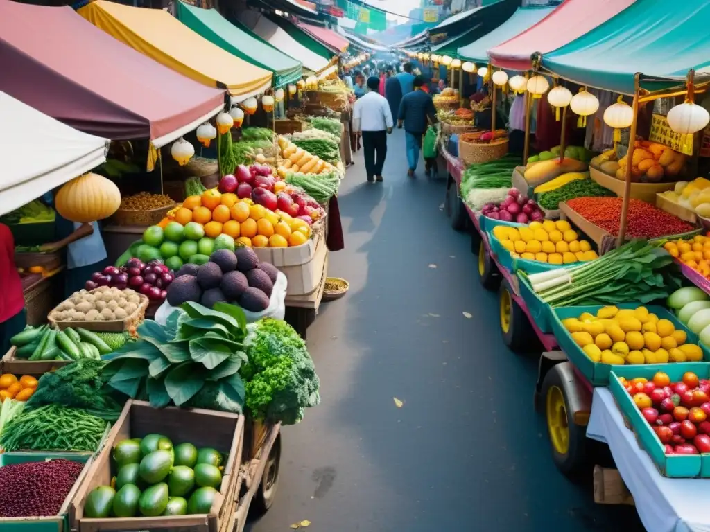 Vibrante mercado asiático con alimentos frescos y exóticos, ambiente bullicioso y energía cultural