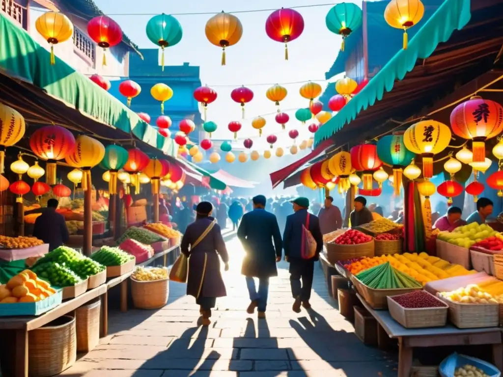 Vibrante mercado asiático al amanecer con celebraciones auténticas, vendedores y lugareños en tradicional vestimenta