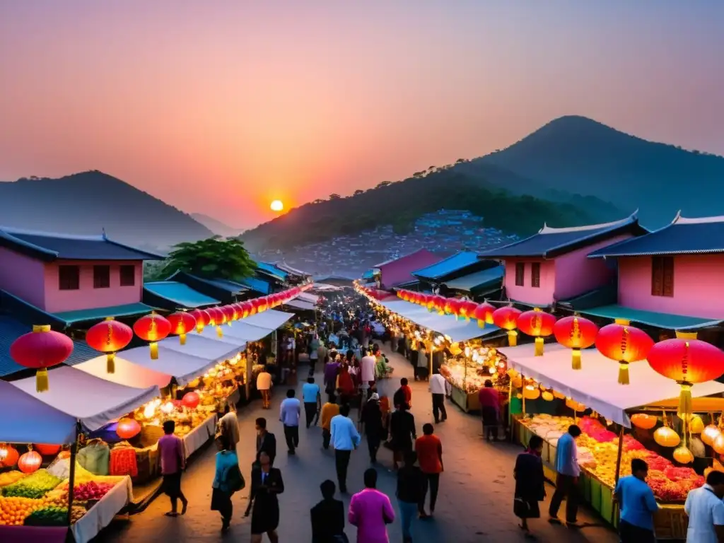 Vibrante mercado asiático al amanecer con celebraciones auténticas y colores cálidos
