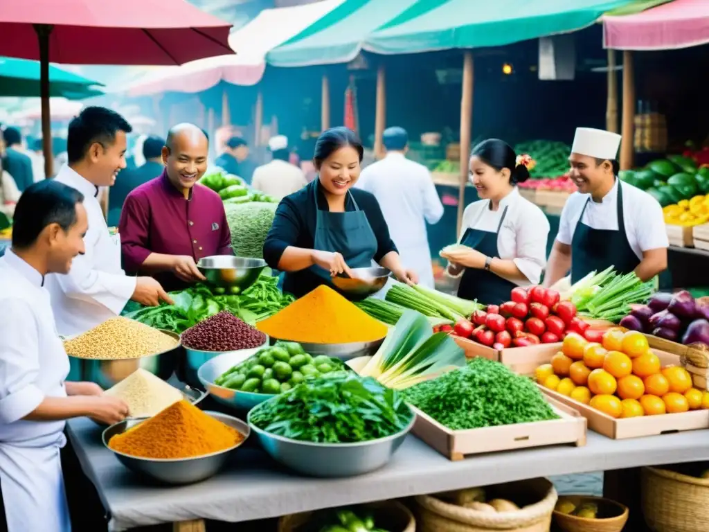 Vibrante mercado asiático donde los chefs más influyentes de Asia seleccionan ingredientes frescos entre puestos coloridos y aromas exóticos