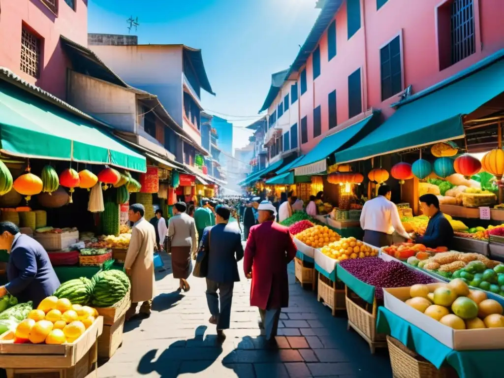 Vibrante mercado asiático con colores y energía, entre rascacielos