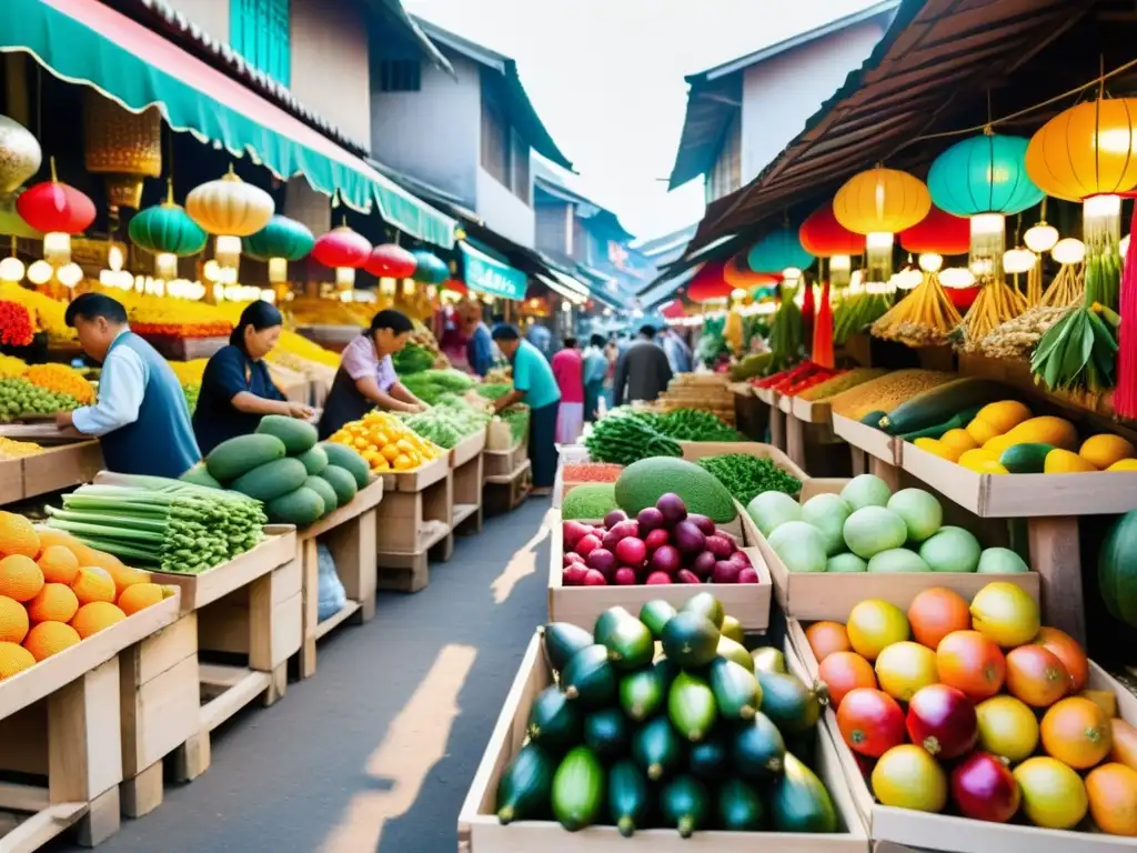 Vibrante mercado asiático: coloridos puestos, artesanías y multitud, reflejo de inversiones en proyectos subestimados Asia