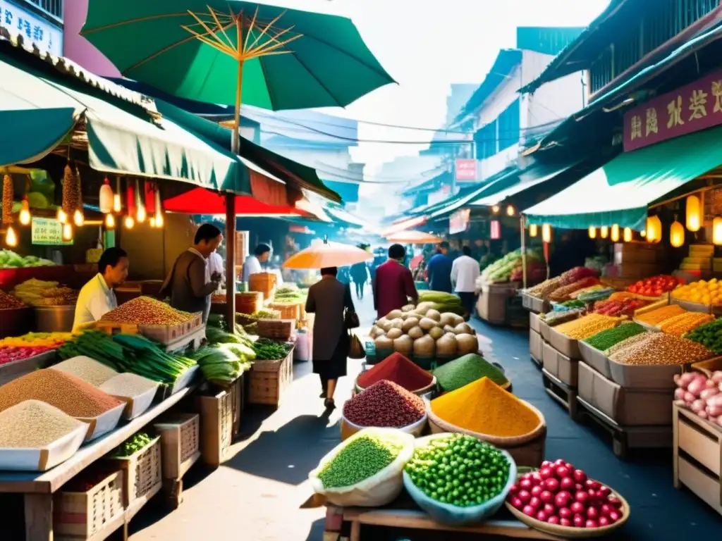 Vibrante mercado asiático con especias coloridas y productos frescos en la Ruta de la Seda gastronomía Asiática