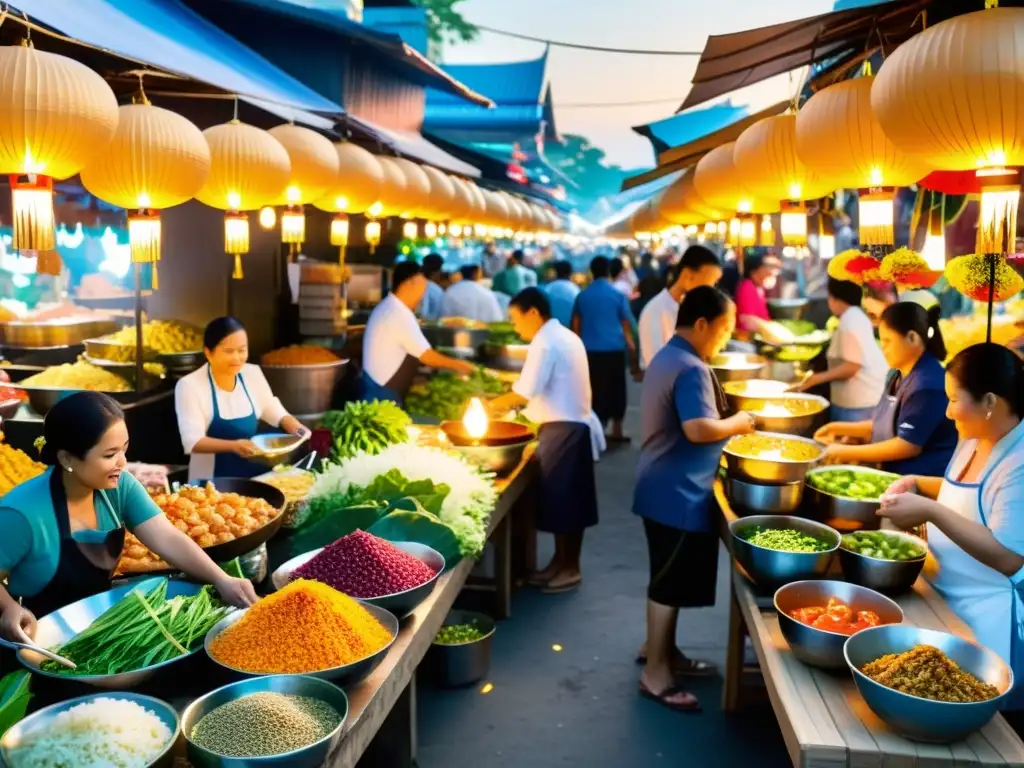 Vibrante mercado asiático con estrellas Michelin y cocina asiática en Tailandia