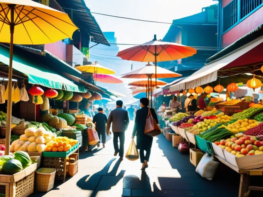 Vibrante mercado asiático con frutas, verduras y especias