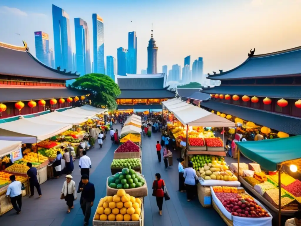 Vibrante mercado asiático con frutas exóticas y especias, reflejando la fusión cultural en restaurantes Michelin Asia