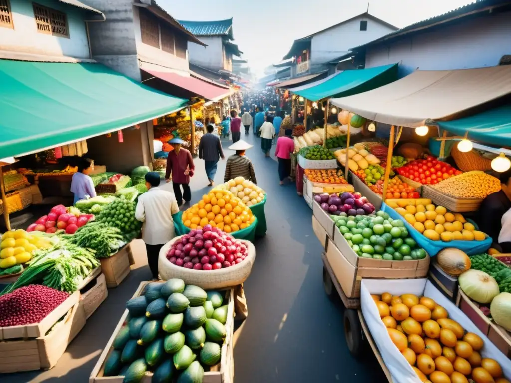 Vibrante mercado asiático con puestos de frutas, verduras y artesanías, reflejando la energía y diversidad de los mercados emergentes en Asia