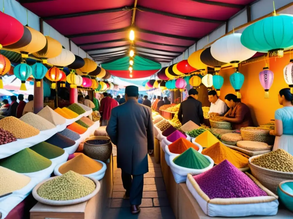 Un vibrante mercado asiático en la Ruta del Incienso, repleto de colores, aromas y productos diversos