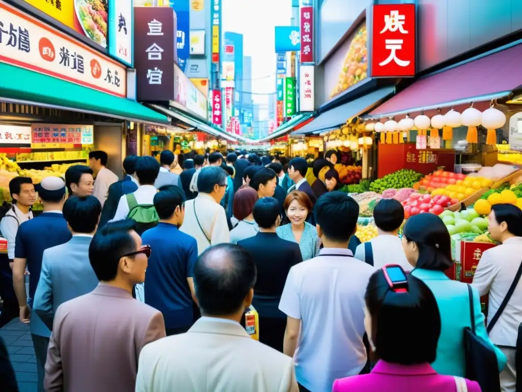 Mercado tecnológico en Tokio: Integración de alta tecnología en la vida diaria Vibrante mercado asiático con tecnología wearable integrada en la vida diaria de la gente