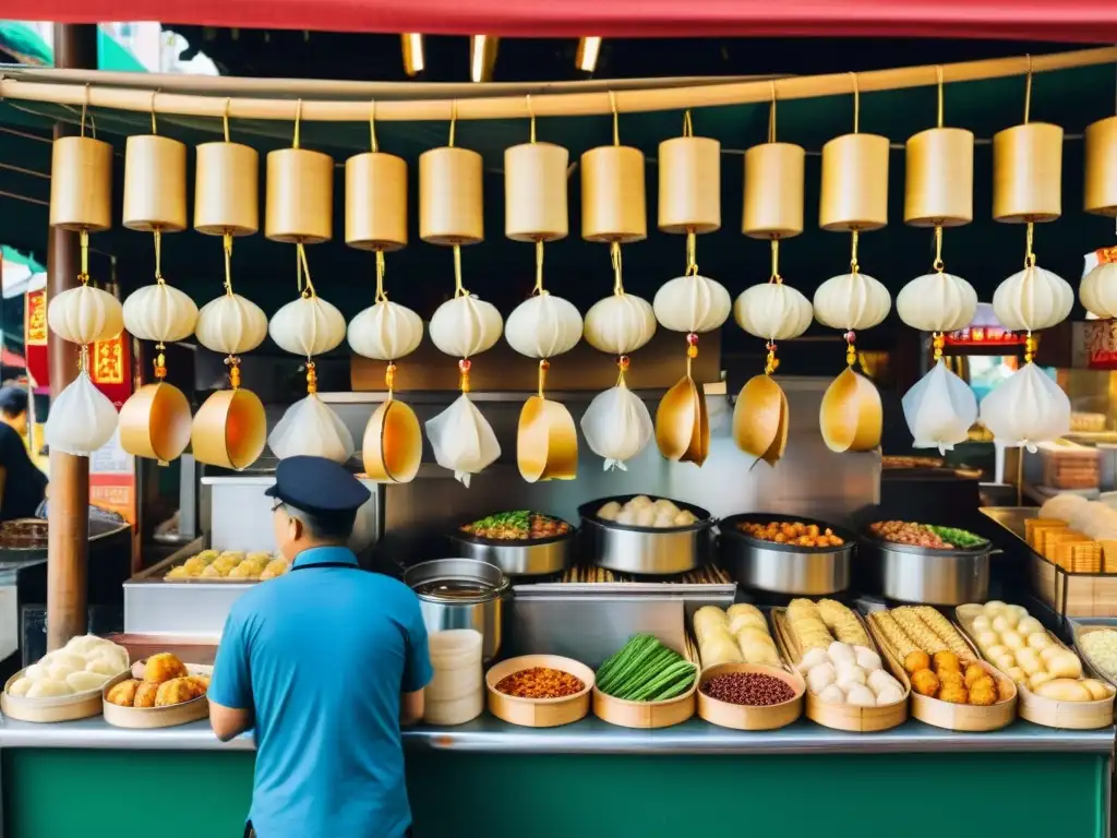 Vibrante mercado asiático con una variedad de coloridos aperitivos al vapor, reflejando la evolución de la gastronomía global de Asia