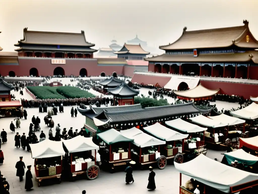 Vibrante mercado en Beijing del siglo XIX, reflejando el último suspiro imperial de la dinastía Qing