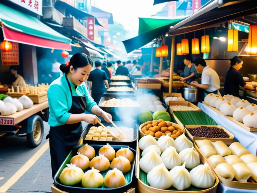 Vibrante mercado callejero de aperitivos asiáticos, capturando la esencia de la evolución de la gastronomía global