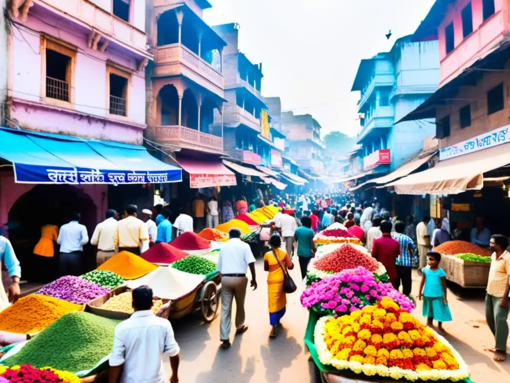 Vibrante mercado callejero en Varanasi, India, con la icónica arquitectura y la noción de Karma en Tradiciones Orientales