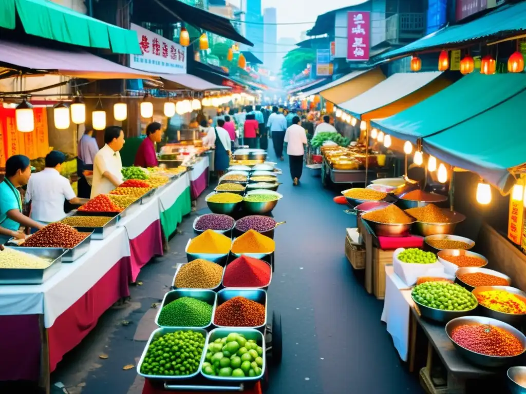 Vibrante mercado callejero asiático con experiencias lujosas comida callejera asiática, chefs y turistas disfrutando del bullicio y sabores exóticos