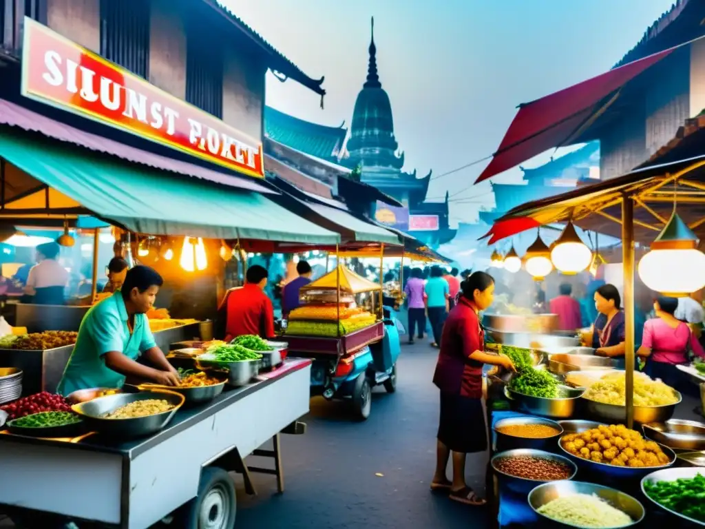 Vibrante mercado callejero asiático con sabores autóctonos gastronomía asiática y vendedores preparando platos tradicionales