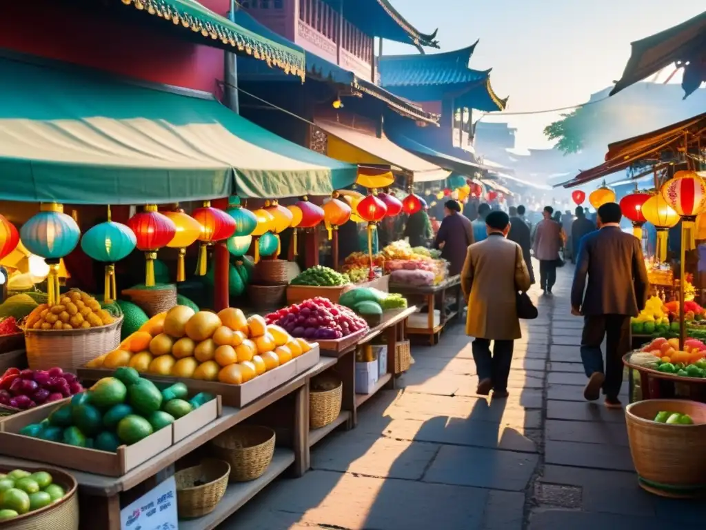 Vibrante mercado callejero asiático al amanecer con celebraciones auténticas, frutas exóticas y artesanías hechas a mano