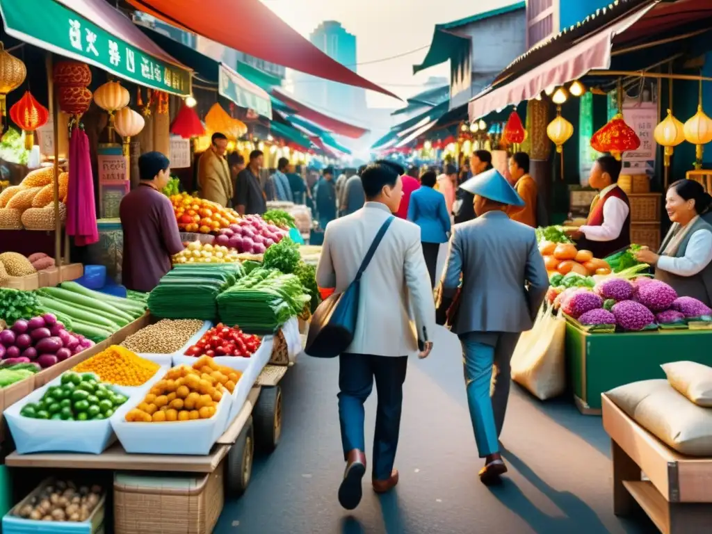 Un vibrante mercado callejero en una bulliciosa ciudad asiática, con gente diversa y coloridos productos en exhibición, representa el potencial de inversiones en proyectos subestimados en Asia