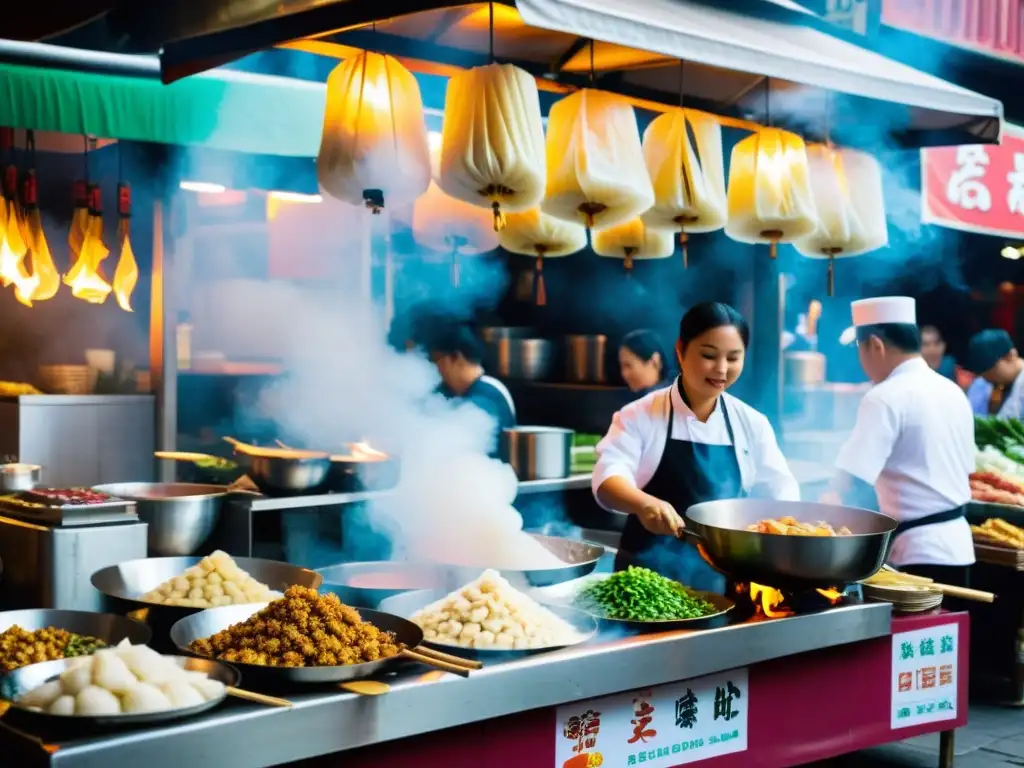 Vibrante mercado callejero en Asia, con chefs celebridades de Asia preparando delicias tradicionales mientras clientes curiosos observan