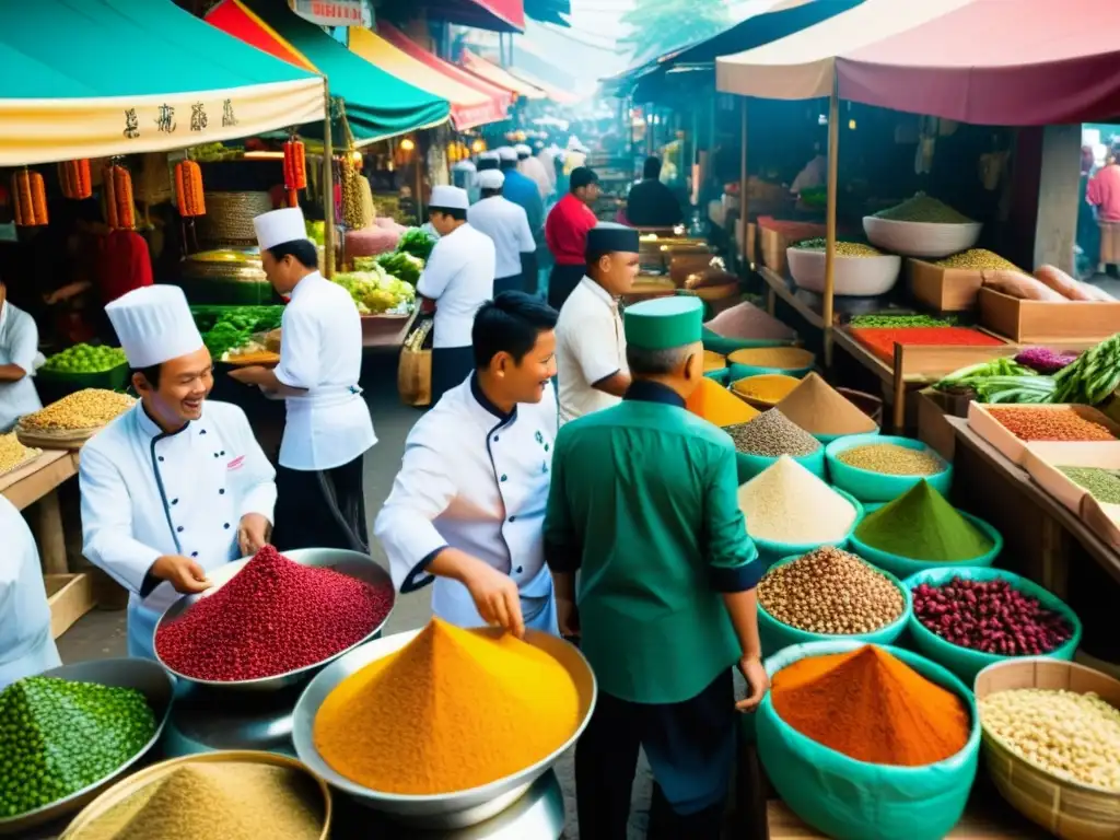 Vibrante mercado callejero en Asia, chefs premiados seleccionando ingredientes para destacar la Ruta chefs premiados Asia