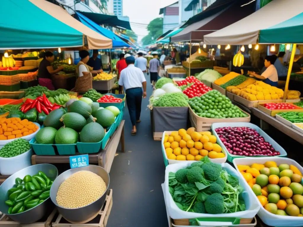 Vibrante mercado callejero en Bangkok, con colores, frutas exóticas y cocineros preparando platos fusionados