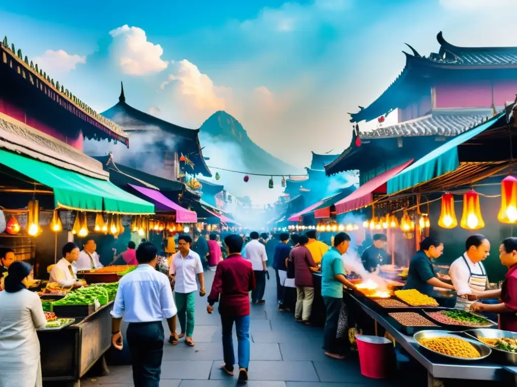 Vibrante mercado callejero de Asia con coloridos puestos de comida y mucha gente disfrutando