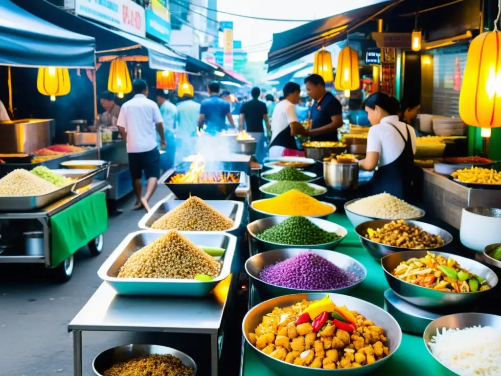 Vibrante mercado callejero de comida en Bangkok con puestos coloridos y platos tradicionales