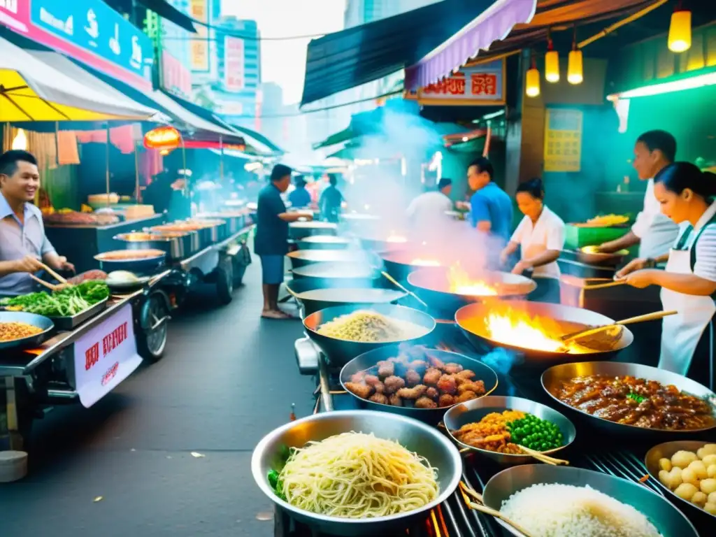 Vibrante mercado callejero de comida en Bangkok, Tailandia, con una variedad de platos coloridos