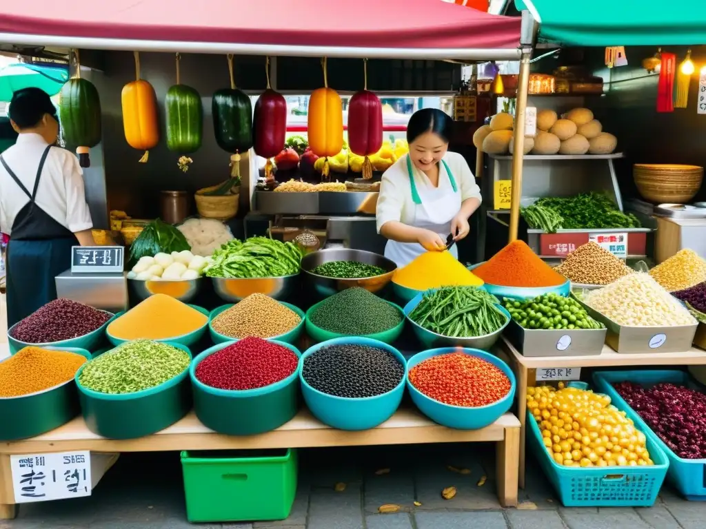 Vibrante mercado callejero coreano con vendedores y preparación de Bossam, la manera coreana de disfrutar la rica tradición culinaria