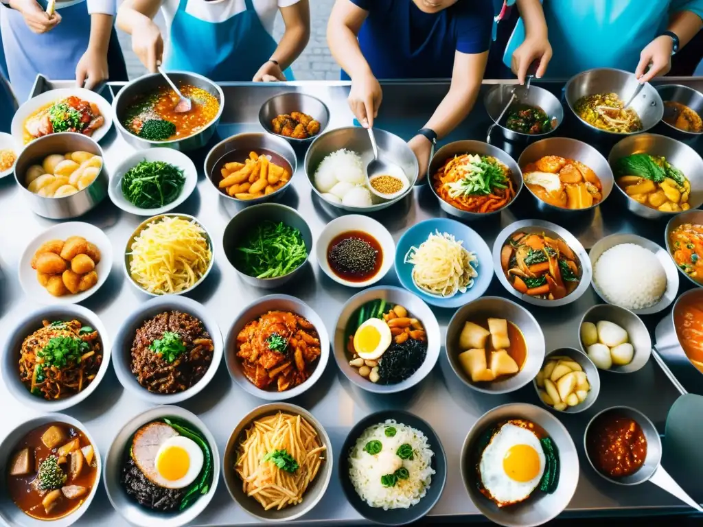 Vibrante mercado callejero coreano con deliciosos platos tradicionales, mostrando el impacto gastronomía coreana Occidente