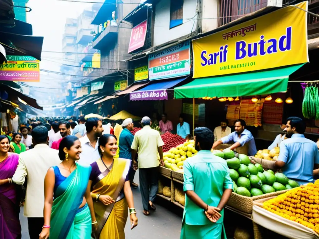 Vibrante mercado callejero en Mumbai, India, con diversidad cultural representada en cine indio