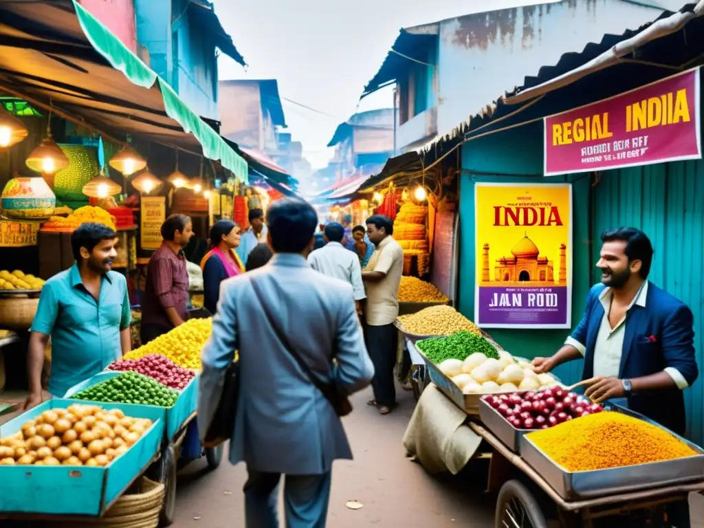 Vibrante mercado callejero en India, con películas regionales indias y cine regional indio diverso en cartelera y banners artesanales