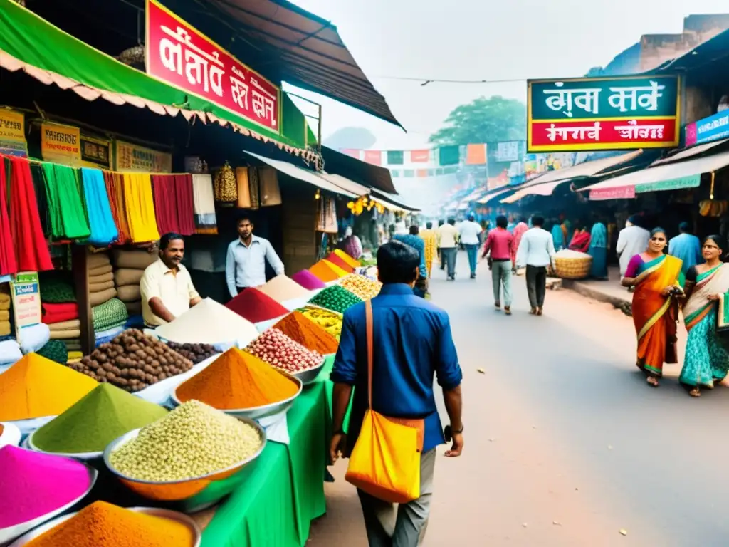 Vibrante mercado callejero en India, con textiles, especias y artesanías