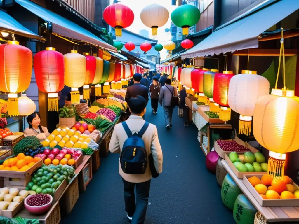 Vibrante mercado callejero en Tokio, Japón, con linternas tradicionales coloridas que iluminan la escena