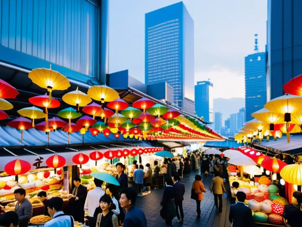 Un vibrante mercado callejero en Tokio, Japón, con linternas coloridas, paraguas de papel y puestos de comida