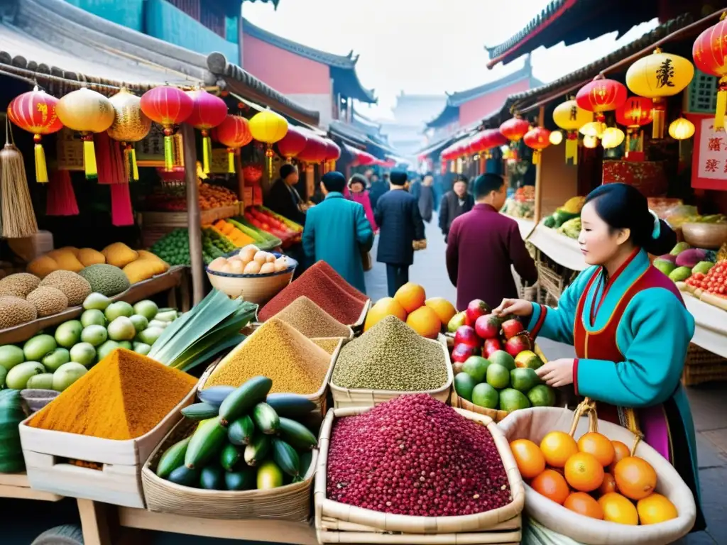 Vibrante mercado callejero de minorías étnicas en la dinastía china, con frutas exóticas y vestimenta tradicional colorida