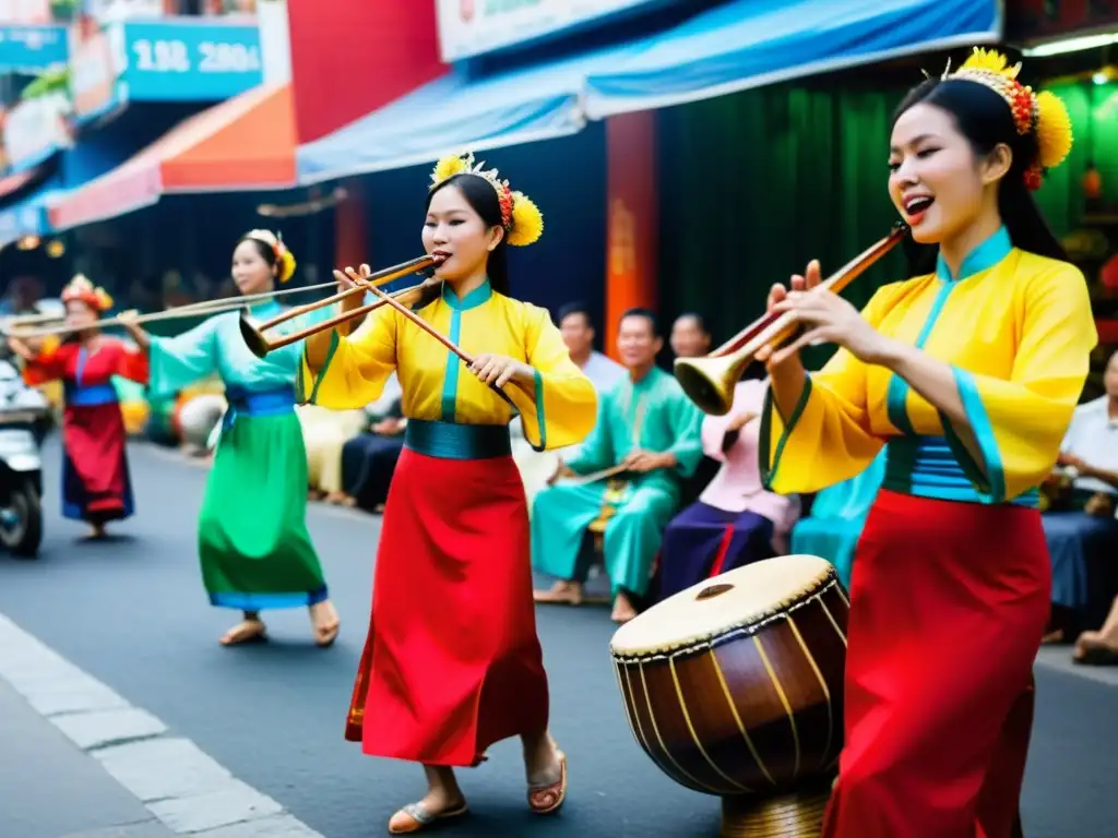 Un vibrante mercado callejero en Vietnam con músicos tradicionales, creando la evolución de la música vietnamita tradicional