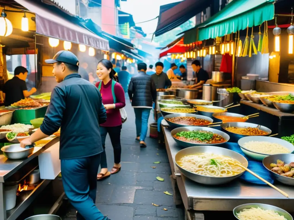 Vibrante mercado callejero de Asia con puestos de comida coloridos y chefs celebridades preparando delicias, entre rascacielos y pagodas