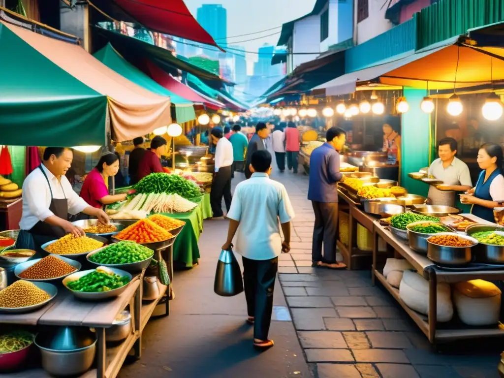 Vibrante mercado callejero de Asia con puestos coloridos ofreciendo secretos culinarios de la cocina asiática