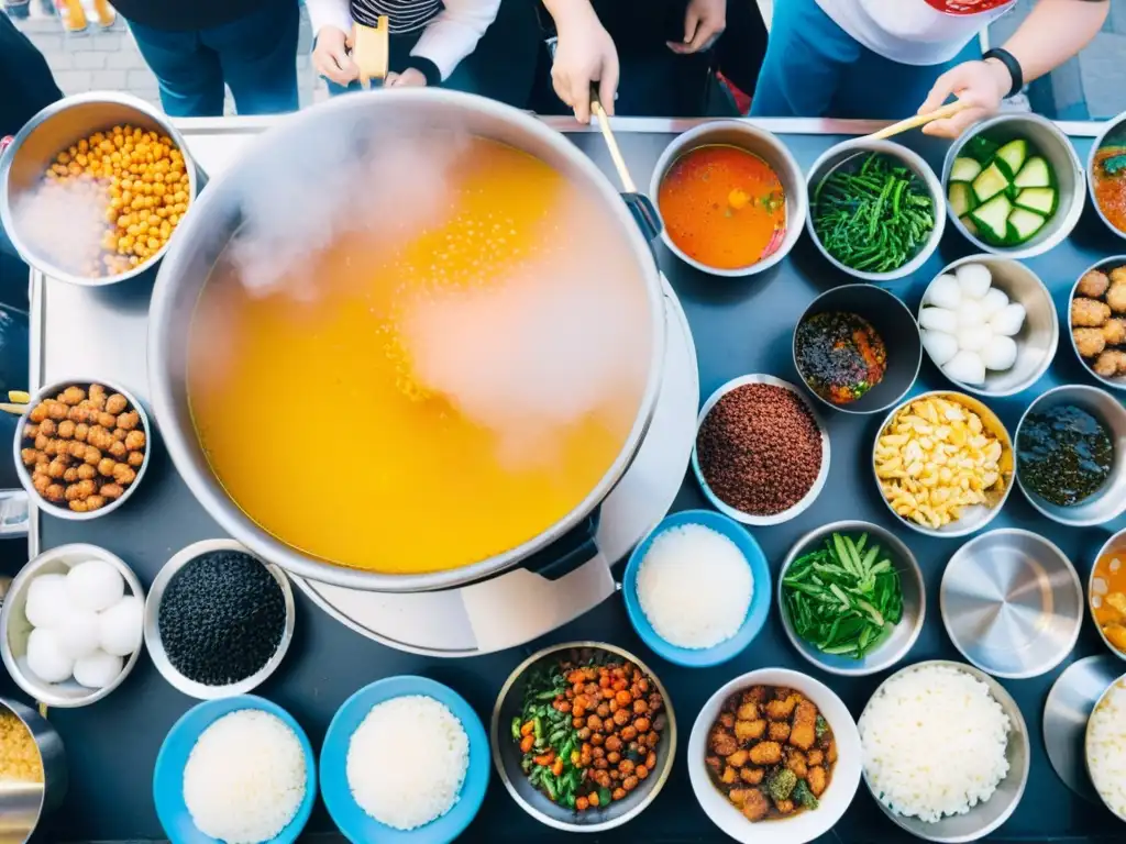 Vibrante mercado callejero en Seúl con puestos de comida y un vendedor preparando topokki, comida callejera coreana