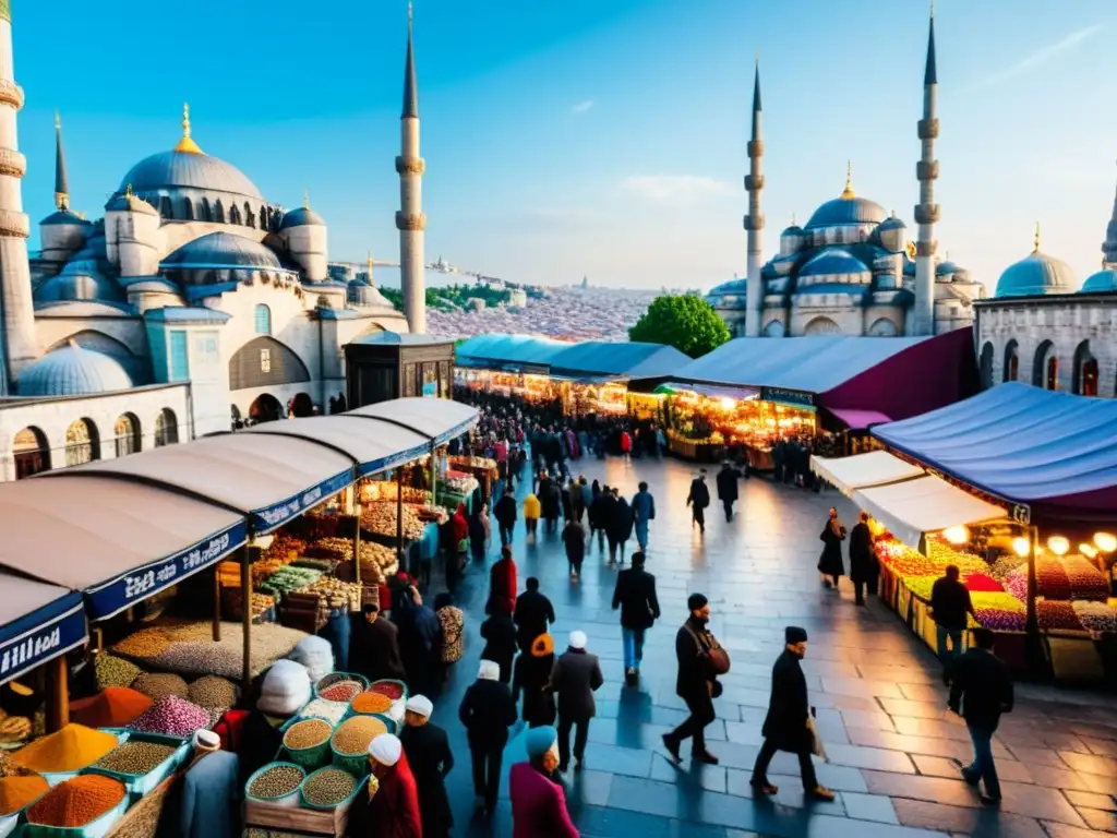 Vibrante mercado callejero en Estambul, con vendedores, colores y un trasfondo de minaretes y cúpulas