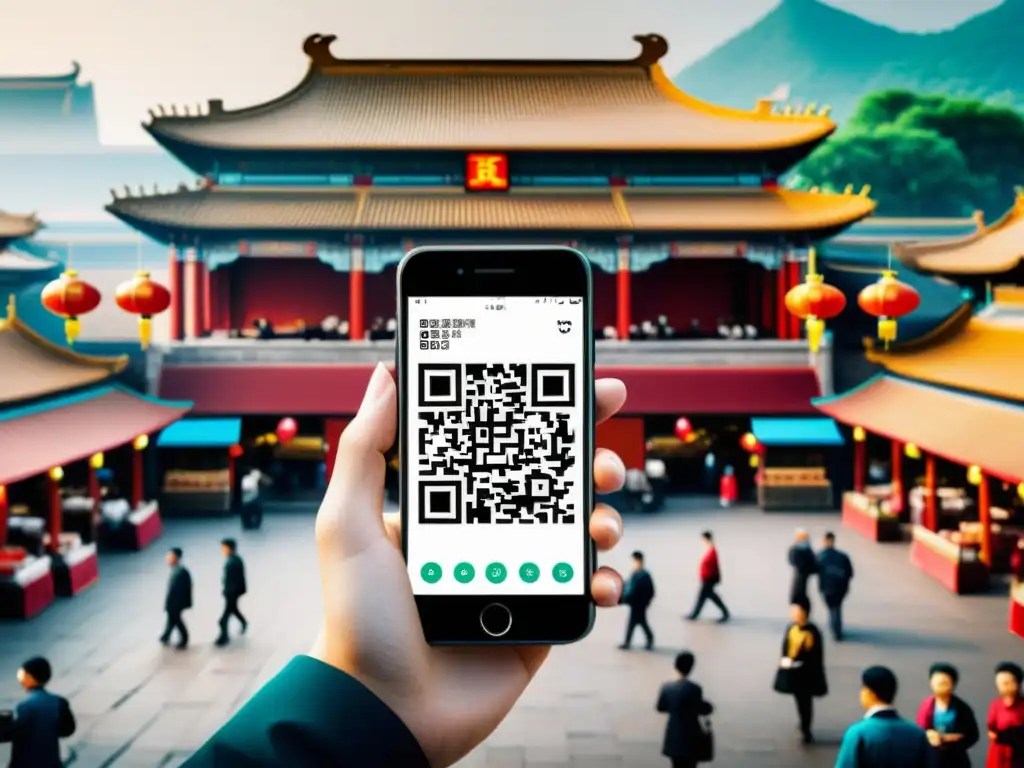 Vibrante mercado chino con arquitectura tradicional y tecnología moderna, reflejando la evolución del blockchain en la cultura china