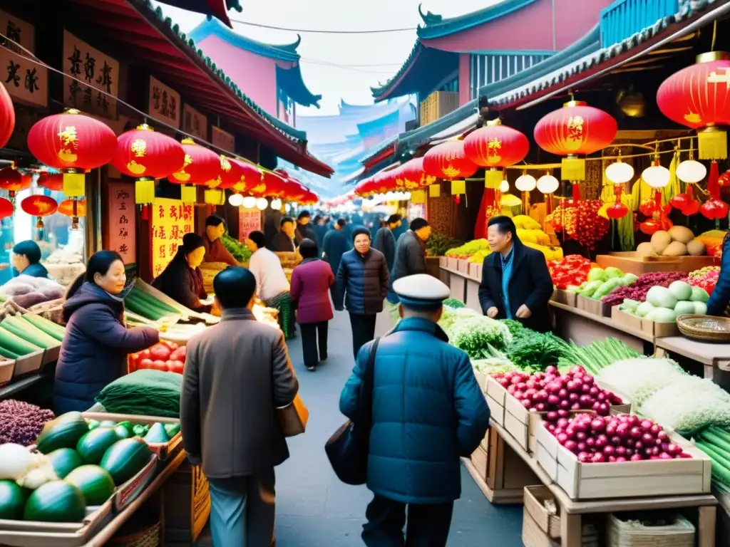 Vibrante mercado chino con impacto económico del supercapitalismo en China, mezcla de tradición y modernidad entre luces y gente