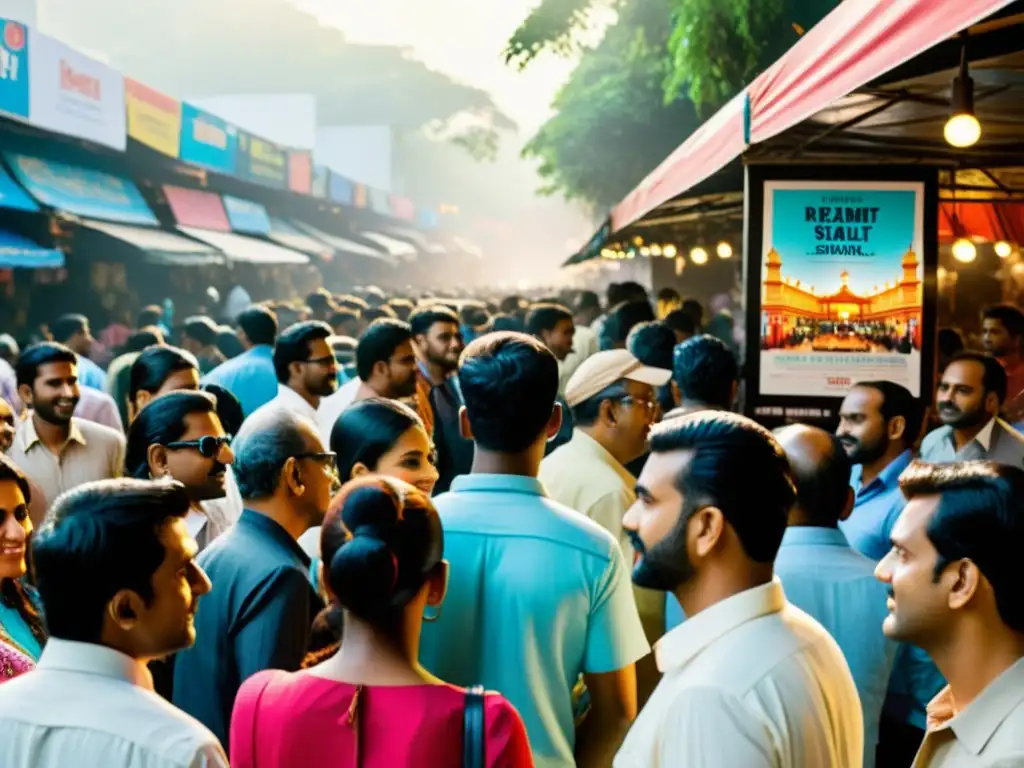 Un vibrante mercado cinematográfico en Mumbai, India, con cineastas y profesionales de la industria participando en discusiones y negociaciones