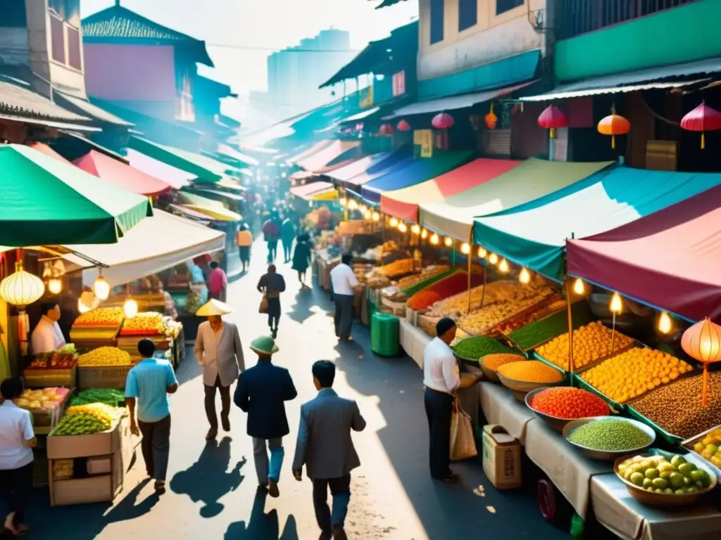 Vibrante mercado de comida al aire libre en Asia, con delicias culinarias y una atmósfera llena de vida