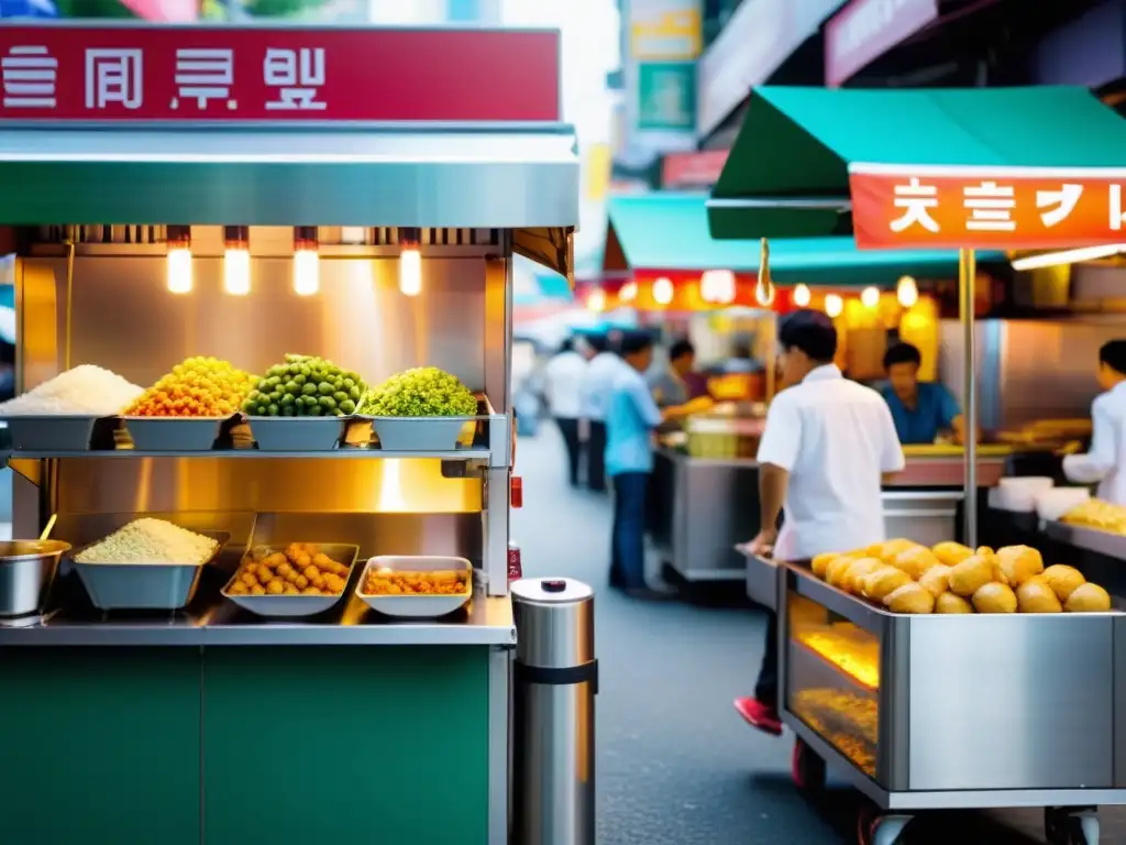 Vibrante mercado de comida callejera en Asia con innovaciones tecnológicas gastronomía asiática